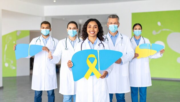 Diverse healthcare professionals celebrating teamwork in clinic.