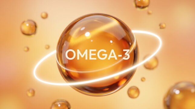 Floating golden omega 3 oil capsule in liquid environment with abstract light bubbles and glowing rings for dietary supplement and healthy heart nutrition advertisement background