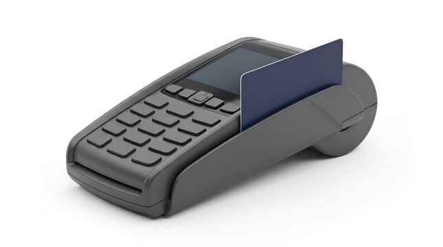 Secure Payment Card Terminal with Credit Card Isolated on White Background for Contactless Payment