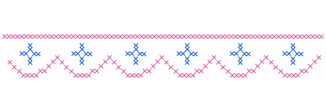 Folk cross stitch ribbon tapestry borders and geometric sampler frames. Whimsical pixelated embroidery needlework design for cottagecore wedding invitations, vintage nursery wall art, handmade decor