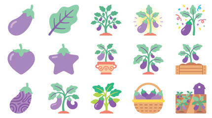 Collection of stylized eggplant icons and illustrations showing growth and harvest. © desiana