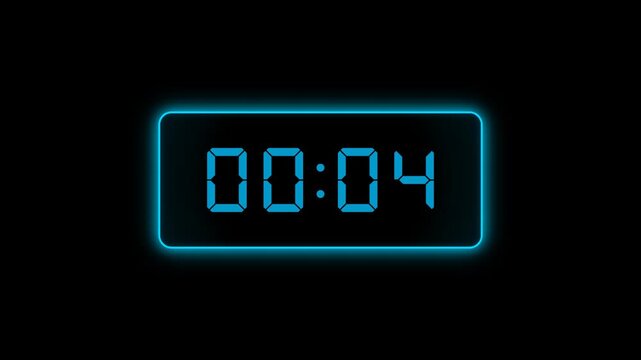 Neon blue digital 10 second countdown timer on black background