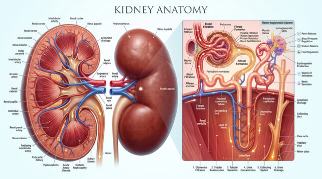 Detailed medical illustration showing human kidney anatomy with renal structure labels and microscopic nephron functions for educational science research purposes