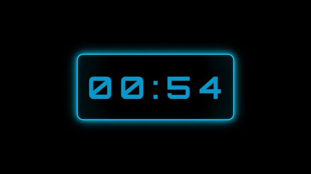 Blue neon 60 second high-tech countdown timer with red zeros at the end on black overlay background for Screen blending mode.
