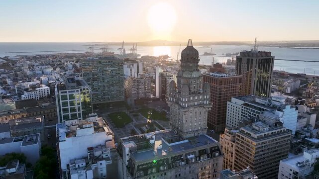 Sunset Montevideo Skyline At Montevideo In Maldonado Uruguay. Dusk Landscape. Downtown District. Cultural Heritage. Montevideo Skyline At Montevideo In Maldonado Uruguay. Tourism Landmark.