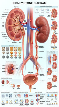 Detailed medical illustration showing human kidney stone formation sequence and diagnostic procedures for educational purposes in a professional clinical setting