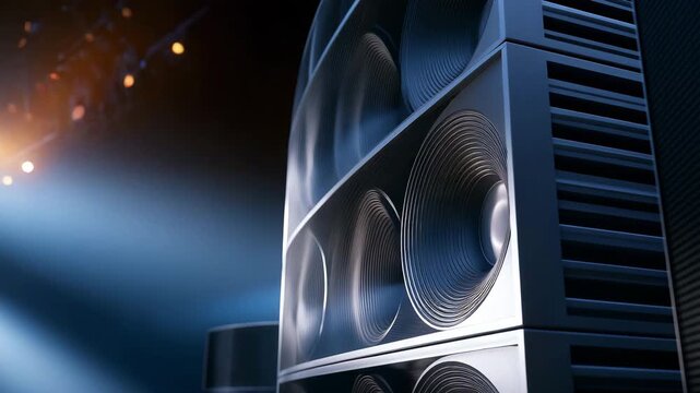 Professional line array speakers on concert stage, concepts live music, audio engineering, event production, entertainment, and sound technology.