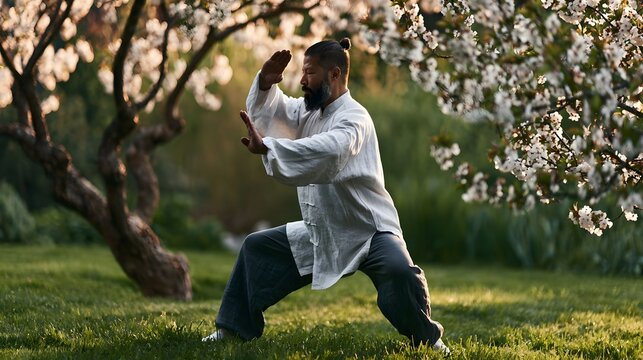 A man performs Tai Chi martial arts movements on grass surrounded by flowering trees under soft sunlight