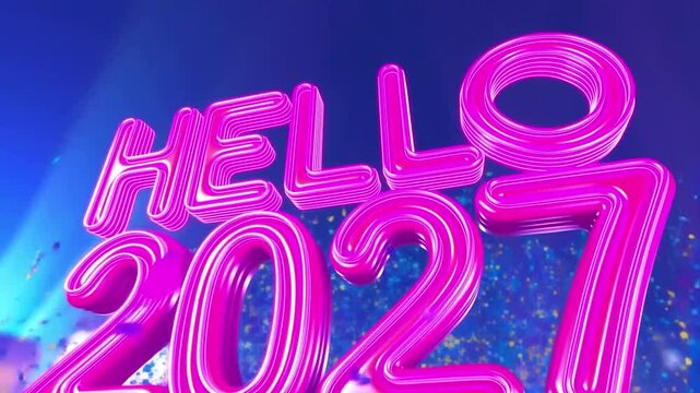 Hello 2027 in bold pink neon letters with confetti and festive atmosphere, vibrant celebration and excitement for new year, joyful mood, futuristic style, neon pink, festive confetti