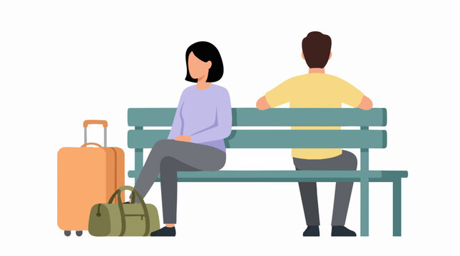 People sitting on bench with luggage, facing away, depicting emotional distance