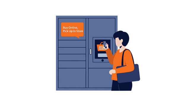 Woman Picking Up Online Order from Automated Parcel Locker Using Smartphone App, Flat Illustration of BOPIS Concept and Contactless Delivery Service