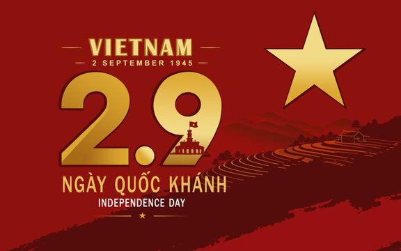 Professional Vietnam Independence Day banner featuring a golden star, patriotic red background, and scenic rice terraces. Ideal for national celebrations, social media and editorial projects.