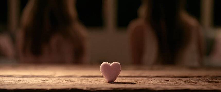 A tiny pink heart rests on a textured wooden surface, with blurred figures in the background