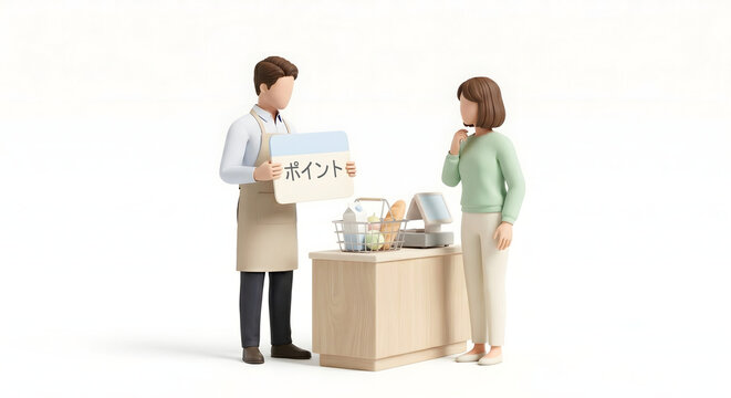 レジでポイントカードの提示を案内するスーパーの店員と女性客の3Dイラスト
