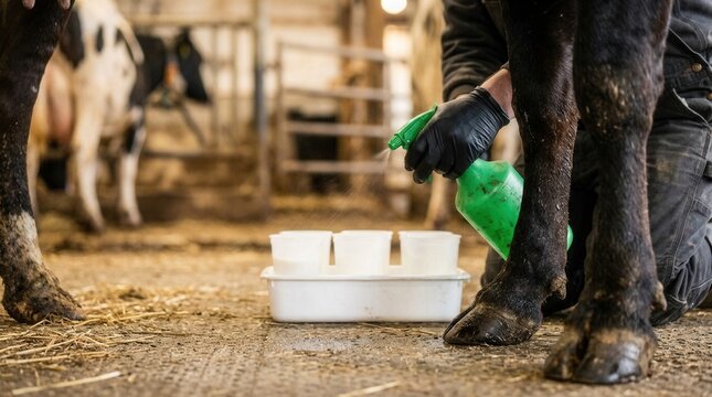 Close-up person hand wearing black gloves Vet doctor milking of cow for test on mastitis