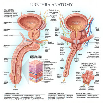 Detailed medical illustration showing human male and female urethra anatomy with labels explaining internal structures and various clinical diagnostic concepts
