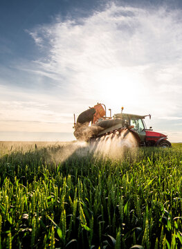Farmer in tractor spraying crops at sunset