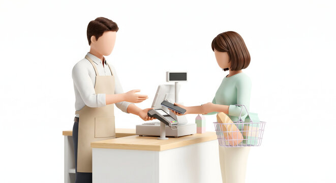 スマートフォンでキャッシュレス決済をする女性客とレジの店員の3Dイラスト
