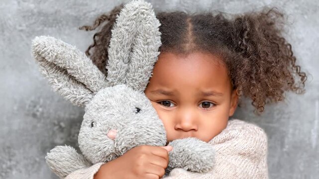 Child hugs stuffed bunny tightly in a simple setting Generative AI