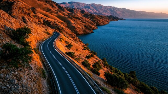 Winding coastal road curves along steep cliffs beside deep blue ocean at golden hour in cinematic wide landscape photography for travel marketing