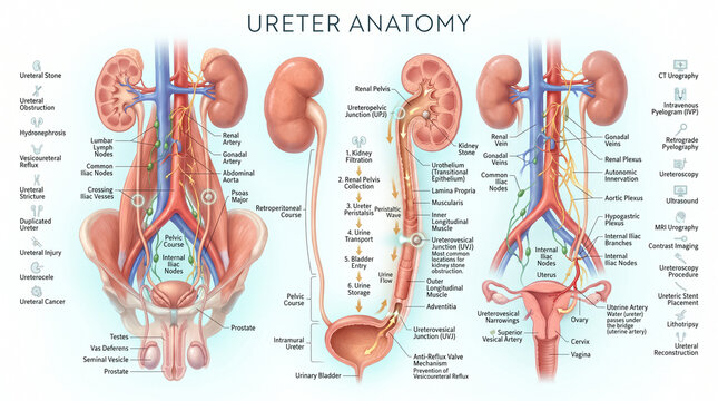 Detailed medical illustration showing human ureter anatomy with kidney structures and urinary system functions for educational healthcare and clinical study