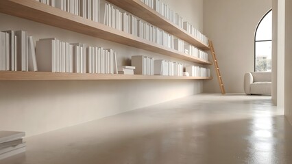 Fototapeta premium Minimalist white library shelf with books – Ideal for modern architecture portfolios, minimalist living blogs, or corporate brochures.