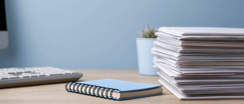 Stack of office documents and paperwork on desk with notebook for business administration