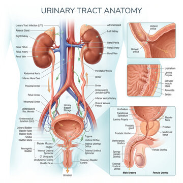 Detailed medical illustration showing human urinary tract anatomy with kidneys bladder and urethra labeled for educational scientific research purposes today