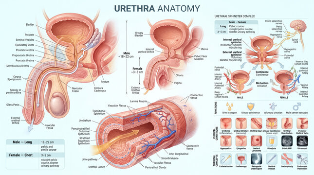 Detailed medical illustration showing human urethral anatomy for both male and female systems including clinical conditions and surgical procedure concepts