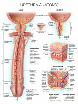 Detailed medical illustration showing male and female urethra anatomy with biological labels clinical conditions and physiological processes for educational study