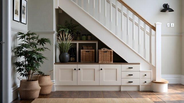 Storage unit under staircase with woven baskets  potted plants  and wooden flooring in a bright interior space