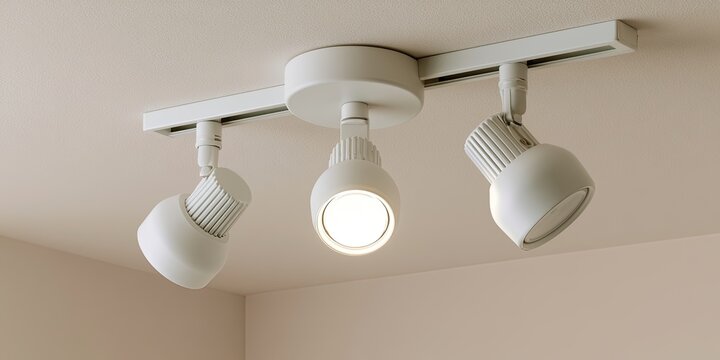 White ceiling track lighting with three adjustable spotlights, one illuminated