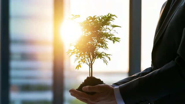 Businessman holding a young tree for sustainability, symbolizing environmental responsibility, sustainable business, green investment, and corporate social responsibility. 