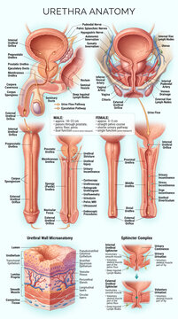 Detailed medical illustration showing male and female urethra anatomy with labels explaining biological structures and physiological functions for educational study