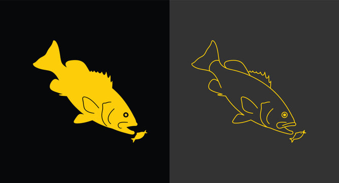 Fish swimming with prey silhouette and line art icon predator swimming