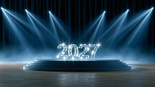 Glowing 2027 numbers on round stage with dramatic blue spotlights, sparkling effects, mist, luxury celebration, illuminated stage, festive atmosphere, blue glowing illumination, and elegant sparkle