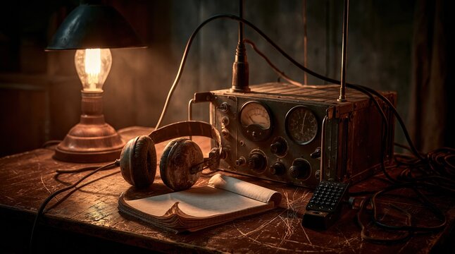 Vintage radio telegraph equipment on wooden desk with lamp