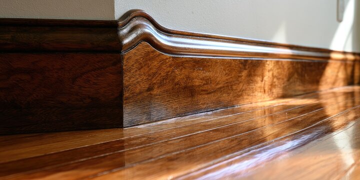 Elegant wooden baseboard with intricate molding and rich wood grain