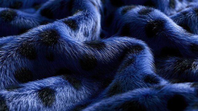 Deep blue furry fabric with irregular black splotches, soft texture