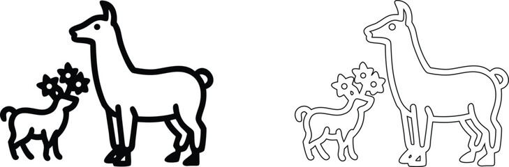 Black and White Llama Mother and Baby Silhouette Icon Set for Design © RoshonAra