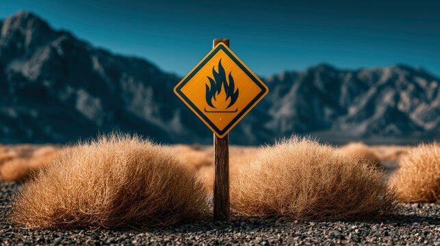 Wildfire risk warning sign centered between parched desert shrubs against mountain peaks in sharp focus photography for climate awareness marketing