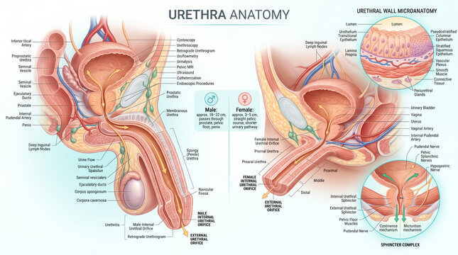 Detailed medical illustration showing male and female urethra anatomy with labels for organs and physiological processes in a clinical layout
