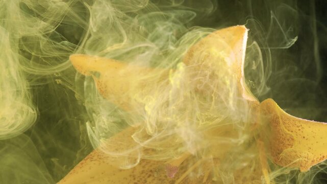 Extreme macro view of yellow lily petals wrapped in translucent pale green smoke ribbons, showing glossy curved edges, brown speckles, soft haze, and organic floral detail for abstract atmospheric use