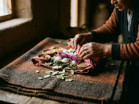 An Andean despacho bundle is built with coca leaves, white shells, colored thread, and small bowls on a wool blanket, hands folding each layer carefully, with earthy textures and a quiet ceremonial