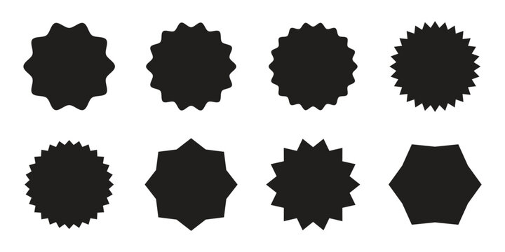 sunburst and starburst sticker shapes collection, Vibrant rounded zigzag badges, spiky circles and sunburst price tags, discount and sale labels, special offer promo tags and geometric seals