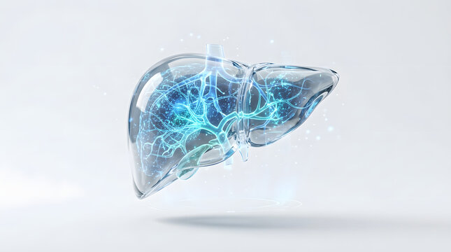 Holographic 3D render of a translucent human liver, showcasing glowing internal structures, symbolizing advanced medical diagnostics, biological research, and scientific innovation