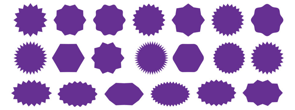 sunburst and starburst sticker shapes collection, Vibrant rounded zigzag badges, spiky circles and sunburst price tags, discount and sale labels, special offer promo tags and geometric seals