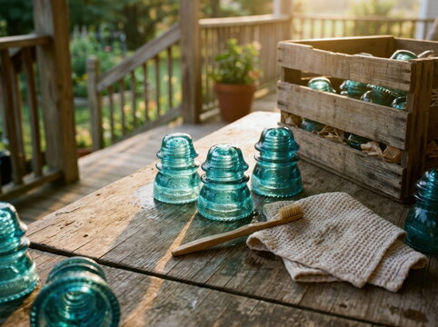 A glass insulator cleaning scene, with aqua insulators, a soft toothbrush, drying towel, and wooden crate on a porch table.