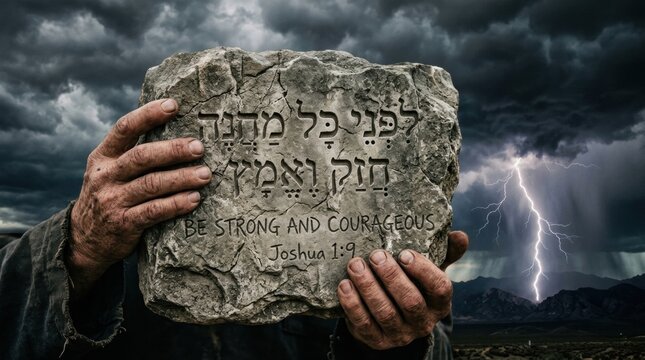 Two hands holding large stone Hebrew Man tablets with commandments. Moses receiving covenant from