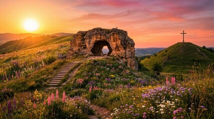 Fototapeta premium Beautiful landscape sunrise sunset sky mix Jesus Christ empty tomb with stone rolled away at sunrise